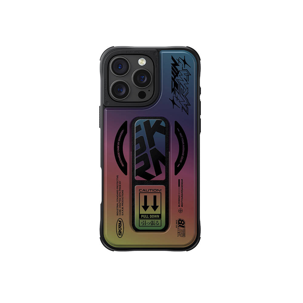 iPhone 16 Pro Uyumlu Kılıf Mag-Şarj Özellikli Holografik Tasarımlı Standlı Deri Görünümlü Skinarma Kira Kobai Kapak