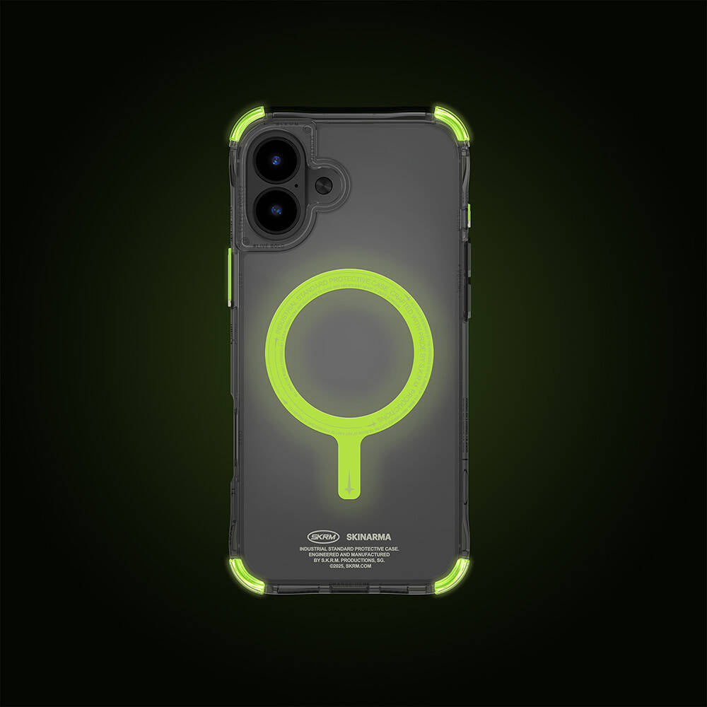 iPhone 16 Plus Uyumlu Kılıf Mag-Şarj Özellikli Şeffaf Airbag Tasarımlı Skinarma Saido Nightglow Fosforlu Kapak