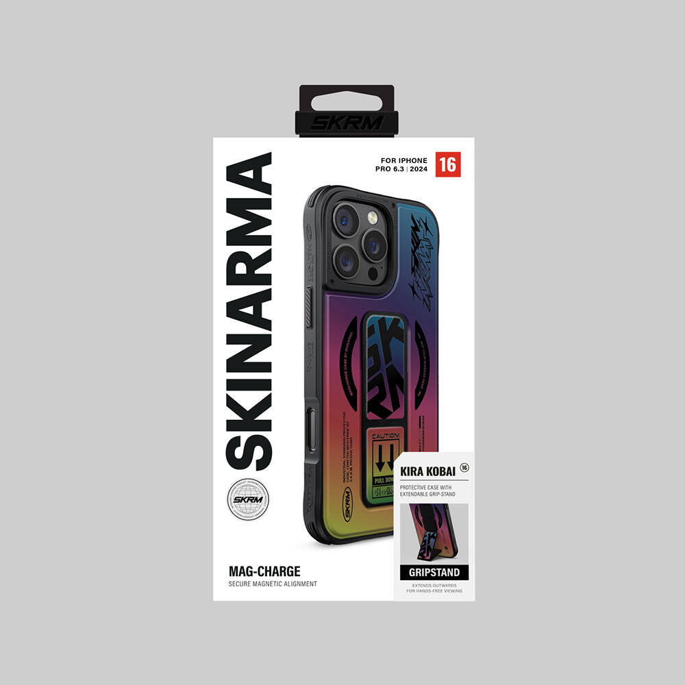 iPhone 16 Pro Uyumlu Kılıf Mag-Şarj Özellikli Holografik Tasarımlı Standlı Deri Görünümlü Skinarma Kira Kobai Kapak