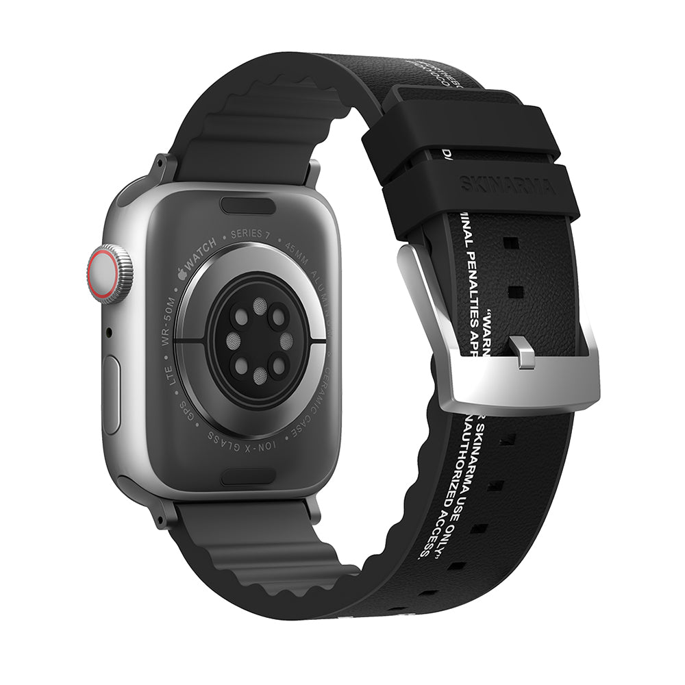 Apple Watch 42/44/45/46/49mm Uyumlu SkinArma Taihi Sora Yazı Desenli Deri Görünümlü Silikon Kordon