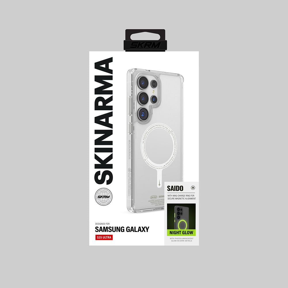 Galaxy S25 Ultra Uyumlu Kılıf Mag-Şarj Özellikli Şeffaf Airbag Tasarımlı Skinarma Saido Fosforlu Nightglow Kapak