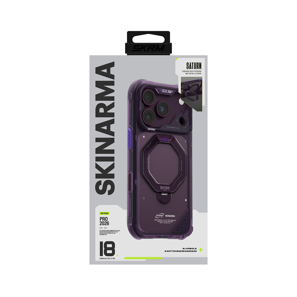 iPhone 18 Pro Uyumlu Kılıf Mag-Şarj Özellikli 360° Standlı Çıkarılabilir Lens Çerçeveli Skinarma Saturn Kapak